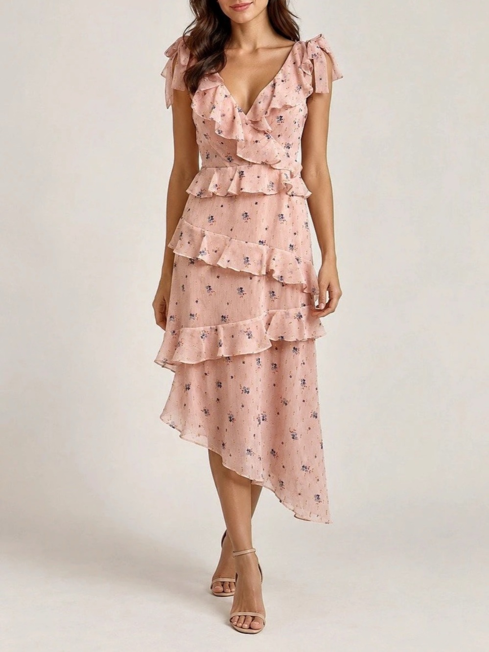 Tularosa Floral Ruffle Asymmetrical Dress Size S Pink Gold